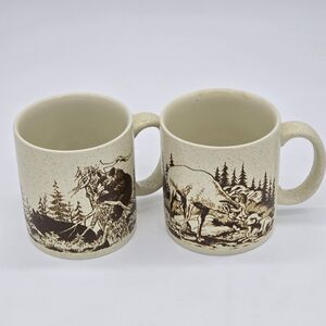 Set of 2 Vintage Coffee Mugs Grizzly Bear and Ram Speckled Glaze